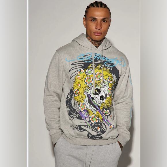 Ed Hardy Men’s Blonded Skull Hoodie Heather Gray Large